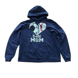 Ball Mom Heart Sports Hoodie Soccer Baseball Women's Size Large Navy Blue